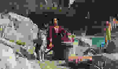 woman in an outdoor setting with a dog