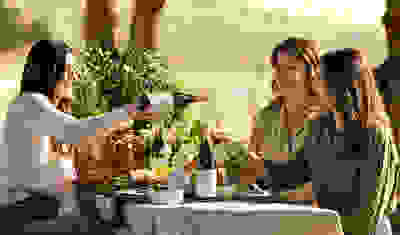 women in vineyard pouring wine