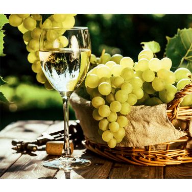 Glass of white wine with grapes